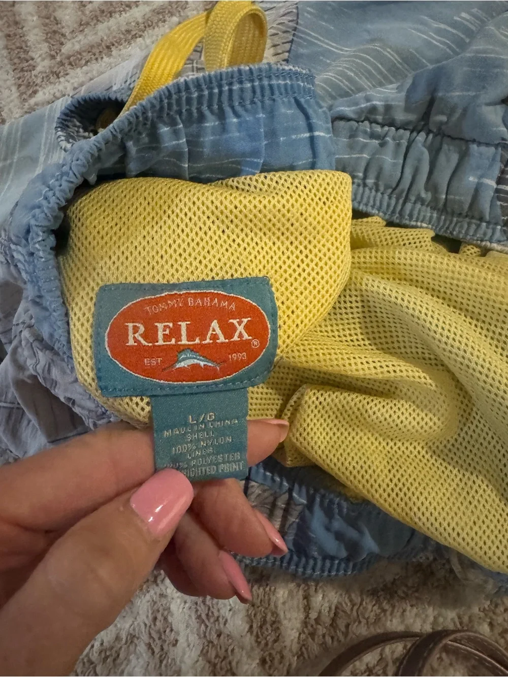Tommy Bahama Light Blue Tropical Leaf Swim Trunks with Yellow Drawstring